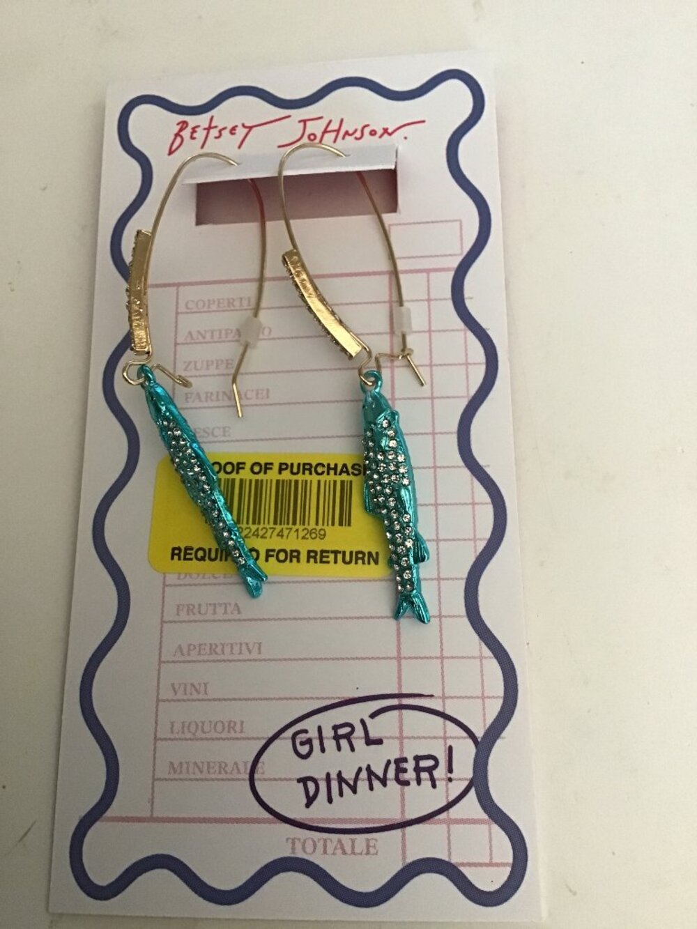 Betsey Johnson New Sparkly Blue Fish Linear Earrings